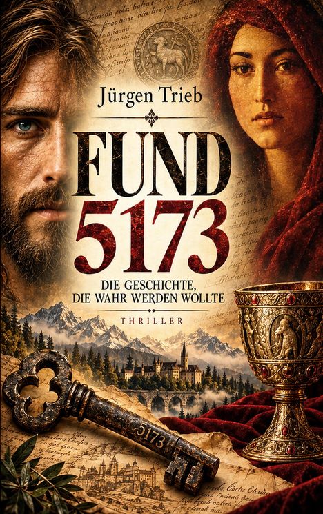 Text: "Jürgen Trieb, FUND 5173, DIE GESCHICHTE, DIE WAHR WERDEN WOLLTE, THRILLER". Ein Schlüssel, ein Kelch, Berge, zwei Gesichter.