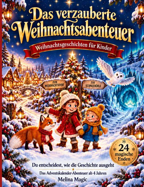 "Das verzauberte Weihnachtsabenteuer" steht in gelber Schrift über einer winterlichen, festlichen Landschaft mit zwei Kindern und einem Fuchs.