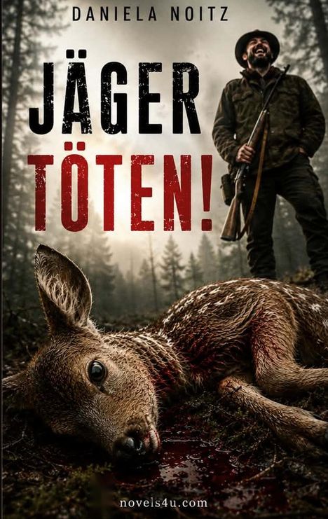 Text: “Daniela Noitz - JÄGER TÖTEN! - novels4u.com”. Ein totes Reh liegt am Boden; ein Jäger steht lächelnd dahinter.