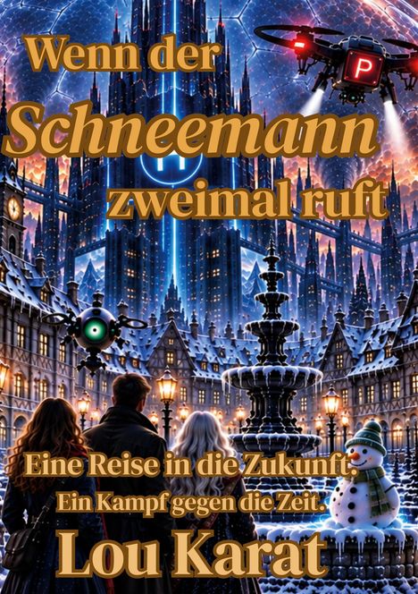 Titel: "Wenn der Schneemann zweimal ruft". Menschen vor futuristischer Stadt, Schnee, Drohnen, ein Schneemann, Winterabendstimmung.