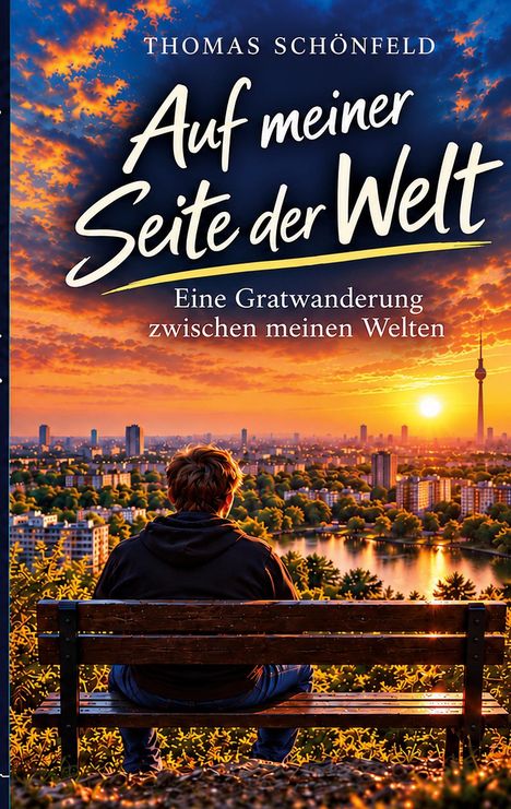 "Auf meiner Seite der Welt. Eine Gratwanderung zwischen meinen Welten." Ein Mann sitzt auf einer Bank und schaut auf eine Stadt.