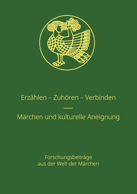 Erzählen – Zuhören – Verbinden. Märchen und kulturelle Aneignung. Illustration: Vogelwesen in gelbem Kreis auf grünem Hintergrund.