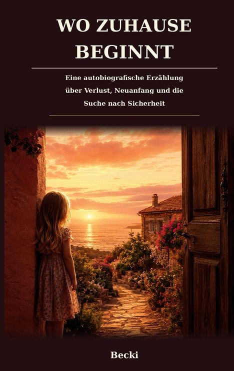 "Wo Zuhause beginnt" – Geschichte über Verlust und Neuanfang. Ein Mädchen schaut bei Sonnenuntergang auf eine blühende Küste.