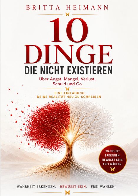 Buchtitel: "10 Dinge, die nicht existieren" von Britta Heimann. Illustration: Ein Baum mit roten und weißen Blättern.