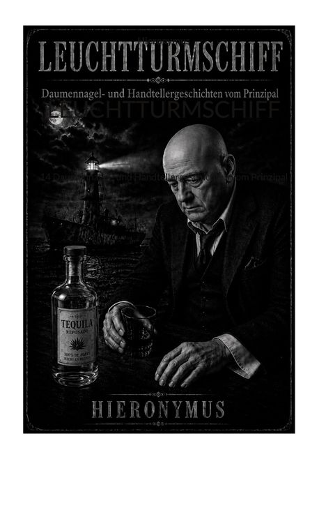 "LEUCHTTURMSCHIFF", "Daumennagel- und Handteller...", "TEQUILA REPOSADO", "HIERONYMUS". Mann mit Glas und Flasche Tequila.