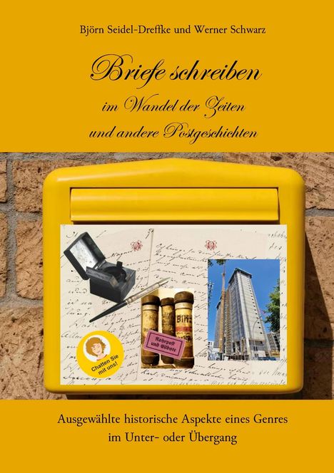 "Briefe schreiben im Wandel der Zeiten und andere Postgeschichten" mit gelben Briefkasten auf Ziegelwand.