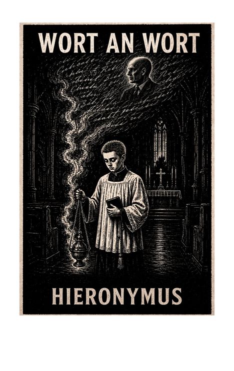 "WORT AN WORT" oben, "HIERONYMUS" unten. Illustration eines Ministranten mit Weihrauchfass in einer Kirche, Kopf eines Mannes darüber.