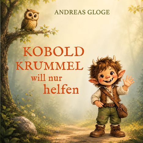 Ein kleiner, fröhlicher Kobold steht auf einem Waldweg, winkt. Eine Eule sitzt auf einem Baum.
