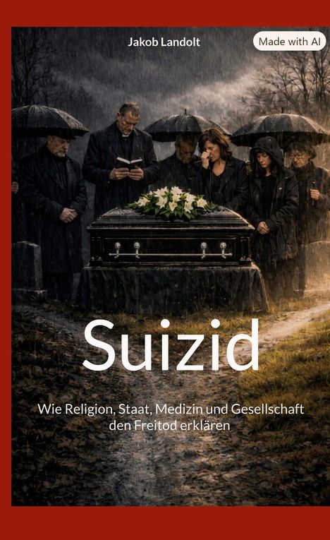 Titel: Suizid. Autor: Jakob Landolt. Untertitel: Wie Religion, Staat, Medizin und Gesellschaft den Freitod erklären. Gruppenbild bei Regen mit Sarg.