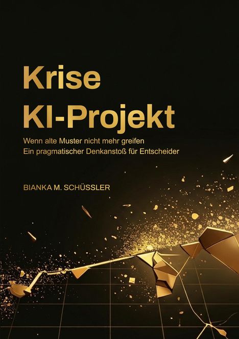 "Krise KI-Projekt. Wenn alte Muster nicht mehr greifen. Ein pragmatischer Denkanstoß für Entscheider. BIANKA M. SCHÜSSLER." Goldene geometrische Formen und Partikel auf schwarzem Hintergrund.