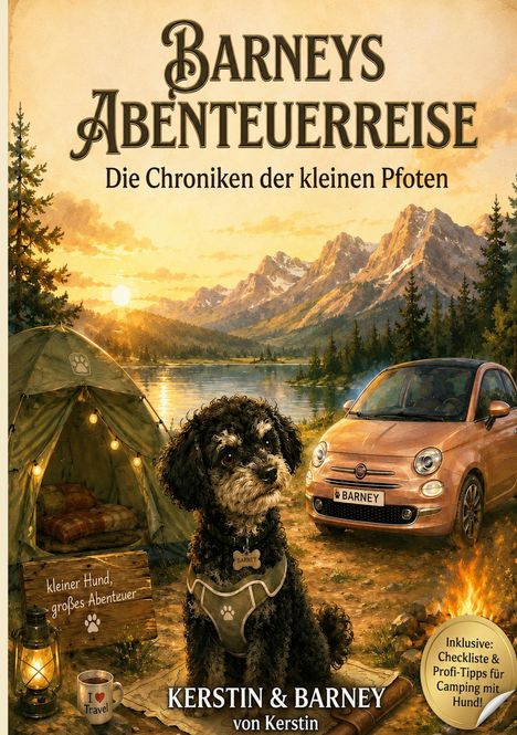 Barneys Abenteuerreise: Die Chroniken der kleinen Pfoten. Ein Hund vor Zelt, Auto, Berge im Sonnenuntergang.