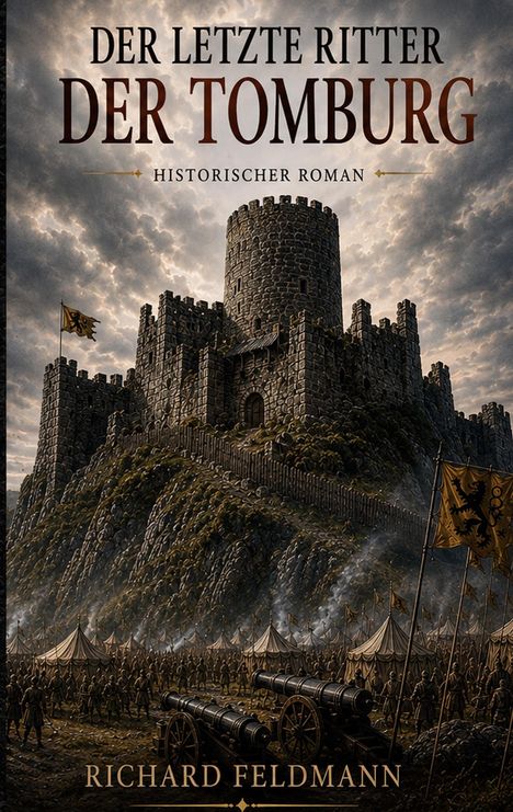 "Der letzte Ritter der Tomburg. Historischer Roman. Richard Feldmann." Eine mittelalterliche Burg thront über einem Zeltlager.
