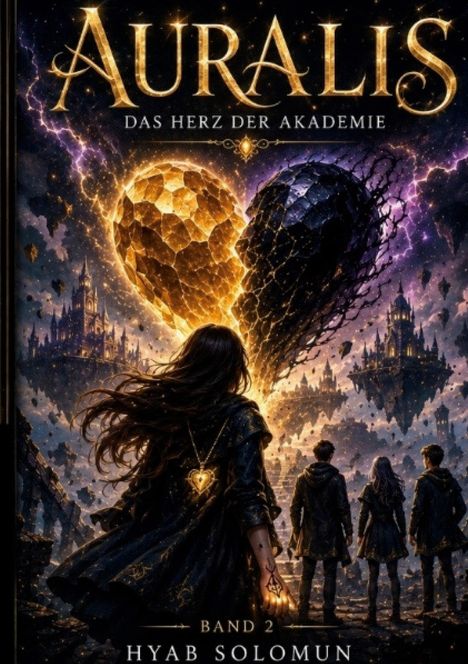 "Auralis: Das Herz der Akademie, Band 2, Hyab Solomun. Vier Figuren blicken auf goldene und schwarze Herzen und schwebende Städte."