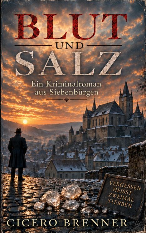 "BLUT UND SALZ. Ein Kriminalroman aus Siebenbürgen. Vergessen heißt zweimal sterben. Cicero Brenner."  
Ein Mann steht vor einer Burg im Sonnenuntergang.