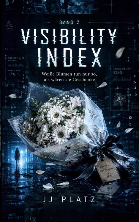 "BAND 2 VISIBILITY INDEX. Weiße Blumen tun nur so, als wären sie Geschenke." Ein Blumenstrauß in dunkler Umgebung.