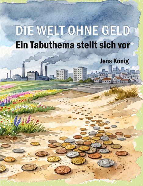 "DIE WELT OHNE GELD: Ein Tabuthema stellt sich vor" von Jens König über einer Landschaft mit Münzen.