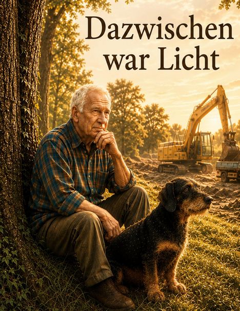 Text: "Dazwischen war Licht". Ein älterer Mann sitzt nachdenklich mit einem Hund neben einem Baum; im Hintergrund ein Bagger.