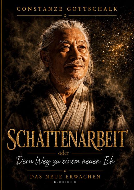 „Schattenarbeit oder Dein Weg zu einem neuen Ich.“ zeigt einen nachdenklichen, älteren Mann in traditioneller Kleidung.