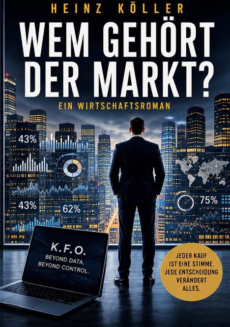 „Heinz Köller. Wem gehört der Markt? Ein Wirtschaftsthriller.“ Skyline mit Statistiken, Mann im Anzug, Laptop.
