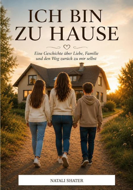 "ICH BIN ZU HAUSE. Eine Geschichte über Liebe, Familie und den Weg zurück zu mir selbst. Drei Personen gehen zu einem Haus."