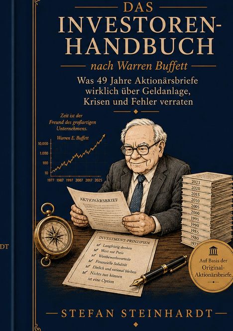 Das Investoren-Handbuch nach Warren Buffett. Illustration von Buffett mit einer Liste von Investment-Prinzipien.