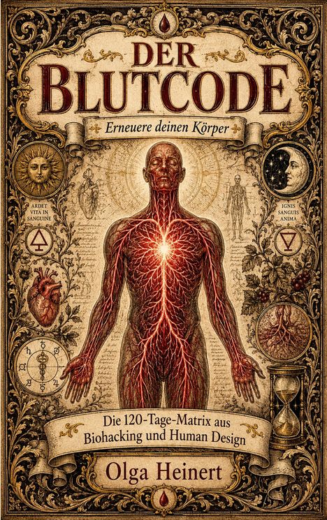 Cover von "Der Blutcode" von Olga Heinert. Detailreiche, mystische Illustration eines menschlichen Körpers und Symbole.