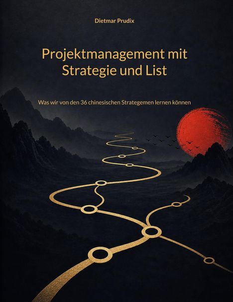 "Projektmanagement mit Strategie und List" oben; geschwungener goldener Pfad in finsterer Landschaft, roter Mond.
