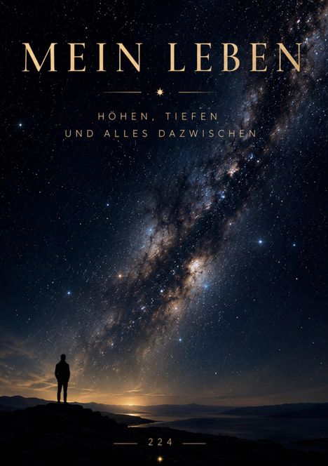 "MEIN LEBEN: Höhen, Tiefen und alles dazwischen." Silhouette einer Person vor Sternenhimmel und Milchstraße.