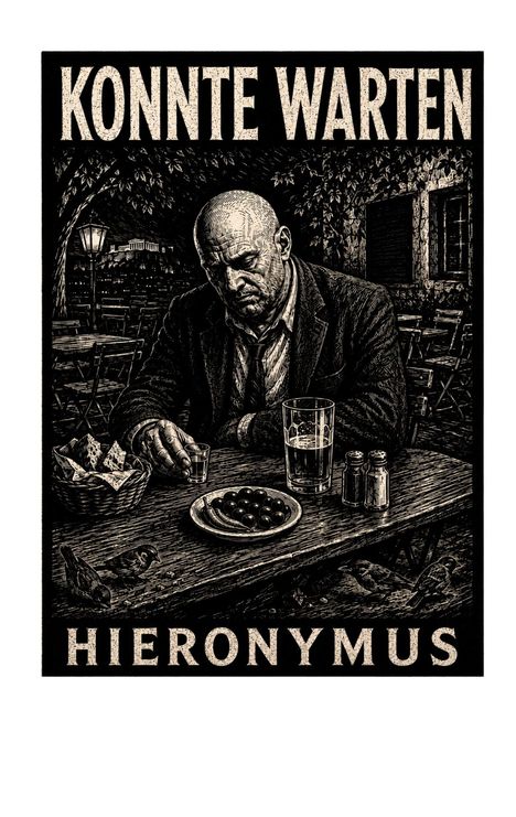 Text: "KONNTE WARTEN HIERONYMUS." Eine Illustration: Ein Mann sitzt nachdenklich mit Getränken und Essen im Freien.