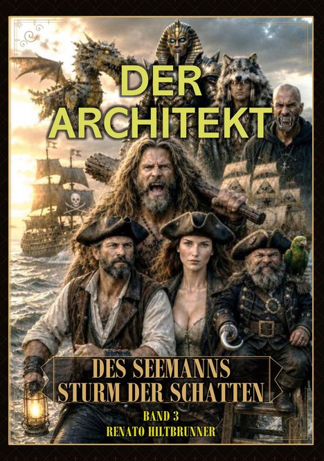 „DER ARCHITEKT“, „DES SEEMANNS STURM DER SCHATTEN“, „BAND 3“, „RENATO HILTBRUNNER“. Szene mit Piraten und mythischen Figuren.