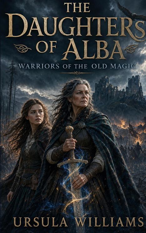 „The Daughters of Alba. Warriors of the Old Magic. Ursula Williams.“ Zwei Kriegerinnen mit Schwert vor einer Burg und Schlacht.