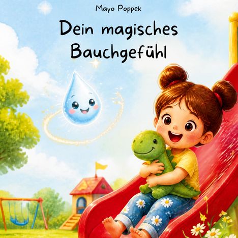 "Dein magisches Bauchgefühl" von Mayo Poppek, Illustration eines Mädchens mit Kuscheldino auf Rutsche, lachender Wassertropfen.