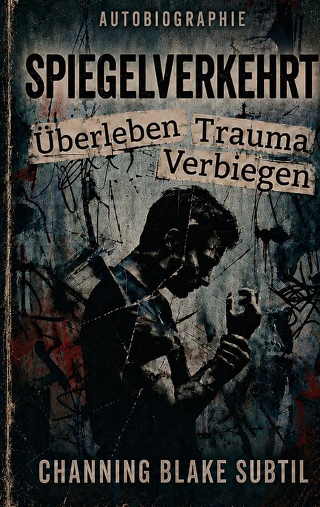 Titel: Spiegelverkehrt Autobiographie. Begriffe: Überleben, Trauma, Verbiegen. Autor: Channing Blake Subtil. Rückansicht eines nachdenklichen Mannes.