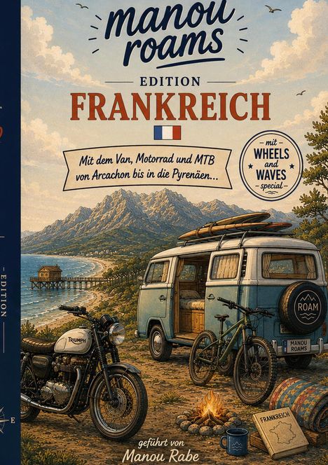 "manou roams Edition FRANKREICH" steht groß auf einer Illustration mit Van, Motorrad und Fahrrad am Strand.