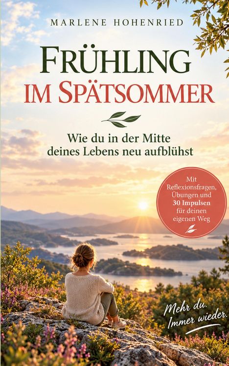 Titel: "Frühling im Spätsommer". Untertitel: "Wie du in der Mitte deines Lebens neu aufblühst". Frau, Natur, Sonnenuntergang.