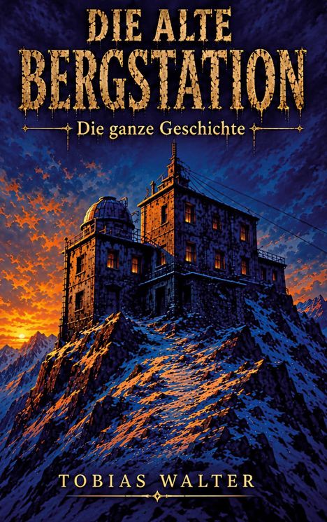 "Die alte Bergstation: Die ganze Geschichte" - Tobias Walter. Illustration eines Berggebäudes bei Sonnenuntergang.