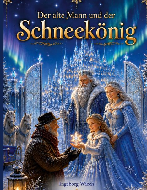 "Der alte Mann und der Schneekönig" mit Winterlandschaft; ein Mädchen hält leuchtendes Schneeflocken-Blütenwerk.
