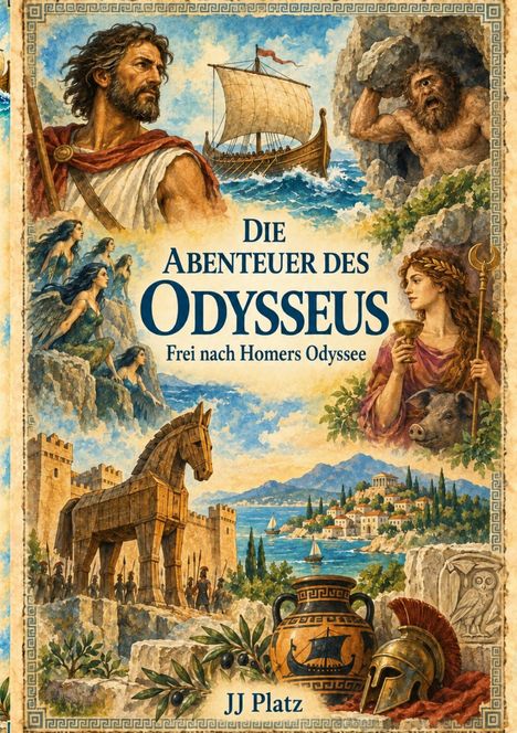"Die Abenteuer des Odysseus" steht im Zentrum. Illustration: Odysseus, Sirenen, Schiff, Zyklop, Trojanisches Pferd, antike Szenerie.