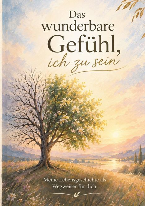 „Das wunderbare Gefühl, ich zu sein.“ Darunter: „Meine Lebensgeschichte als Wegweiser für dich.“ Illustration eines Baumes vor Sonnenuntergang.
