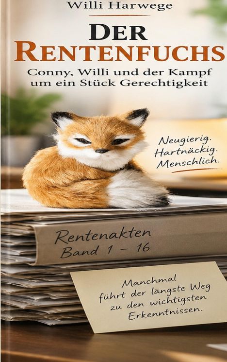 "Rentenfuchs: Rentenakten Band 1–16. Manchmal führt der längste Weg zu den wichtigsten Erkenntnissen." Ein Plüschfuchs auf Akten.