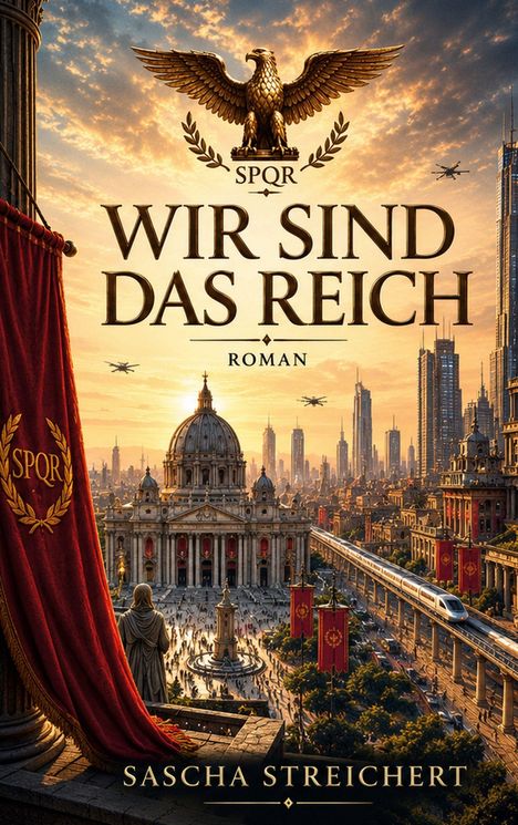 Text: "SPQR", "WIR SIND DAS REICH", "Roman", "Sascha Streichert". Illustration: Antikes römisches Stadtbild mit modernen Elementen und Adlern.