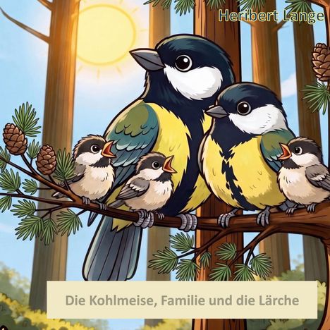 „Die Kohlmeise, Familie und die Lärche“. Vögel auf einem Ast, Illustration eines sonnigen Waldes im Hintergrund.