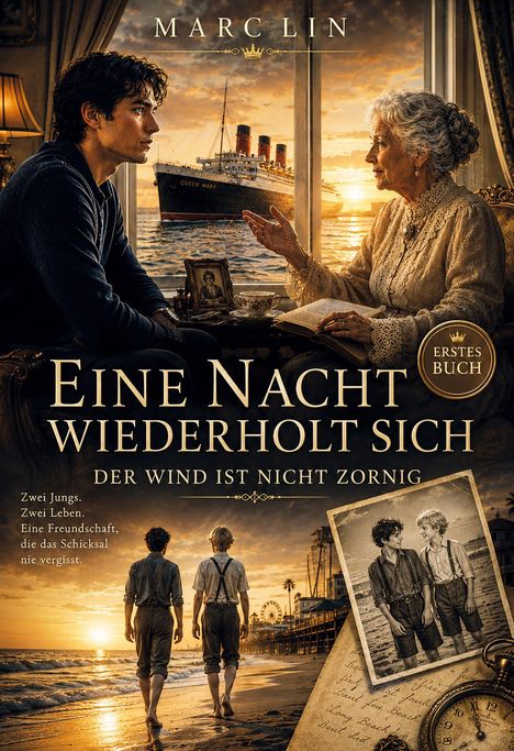 „Eine Nacht wiederholt sich. Der Wind ist nicht zornig.“ Ein junger Mann und ältere Frau sitzen bei Sonnenuntergang.