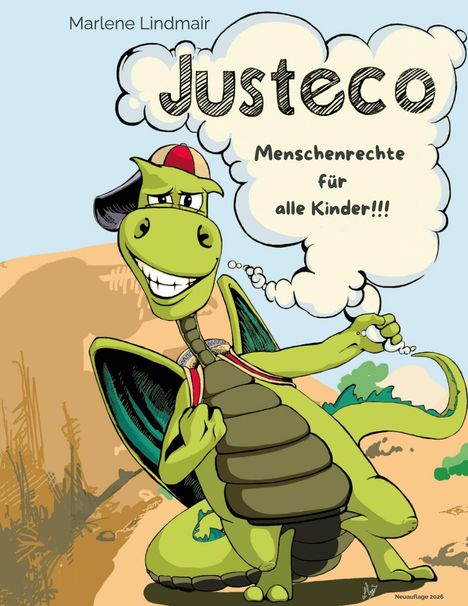 Ein grüner Drache mit Basecap sagt: "Justeco - Menschenrechte für alle Kinder!!!". Fröhliche Illustration.