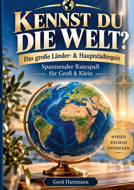 "Kennst du die Welt? Das große Länder- & Hauptstädtequiz. Spannender Ratespaß für Groß & Klein. Wissen Rätseln Entdecken." Eine Erdkugel auf einem Holzfuß steht im Vordergrund.