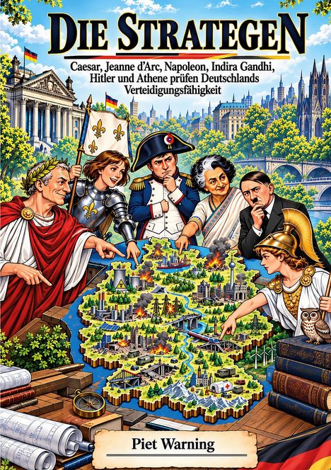 „Die Strategen“ und „Piet Warning“ stehen oben und unten. Historische Figuren diskutieren eine Landkarte.