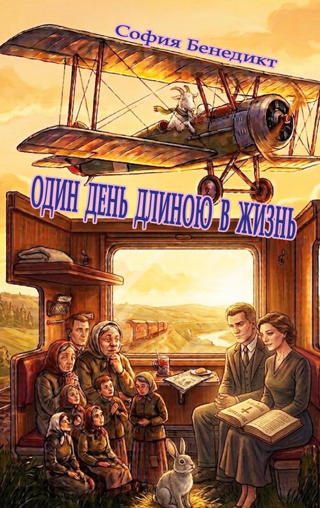 Ein Text in kyrillischer Schrift beschreibt das Werk "Один день длиною в жизнь". Eine Ziege fliegt ein Doppeldeckerflugzeug.
