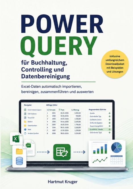 Text: Power Query für Buchhaltung, Controlling und Datenbereinigung. Laptop mit Excel-Symbolen, Tabellen und Diagrammen.