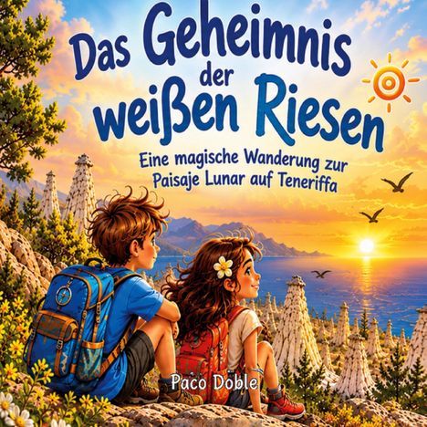 „Das Geheimnis der weißen Riesen“; Kinder mit Rucksäcken sitzen in einer malerischen Landschaft bei Sonnenuntergang.