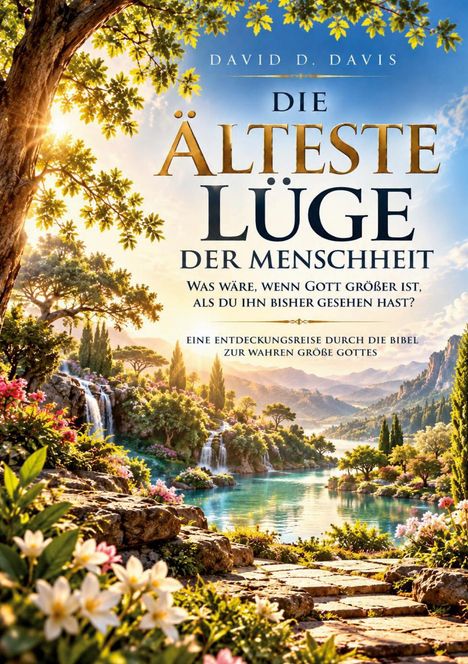 Text: "DIE ÄLTESTE LÜGE DER MENSCHHEIT." Malerische Landschaft mit Wasserfall, üppiger Vegetation und leuchtendem Himmel.